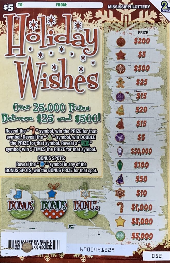 A Drew woman won $1,000 on a Holiday Wishes scratch-off game purchased from Charleston Marketplace on W. Main St., Charleston.