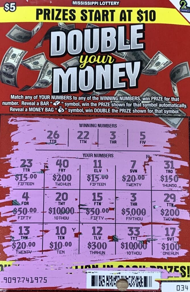 An Iuka man won $5,000 on a Double Your Money scratch-off game purchased from Crossroads One Stop on Hwy. 25, Iuka.