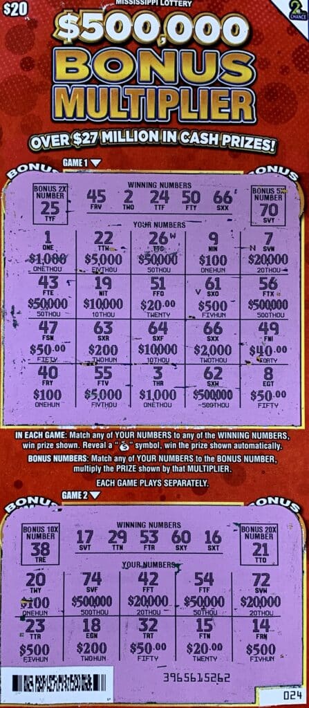 A Simpson County man won $2,000 on a $500,000 Bonus Multiplier scratch-off game purchased from Tobacco Market #5 on Simpson Hwy. 149, Mendenhall.