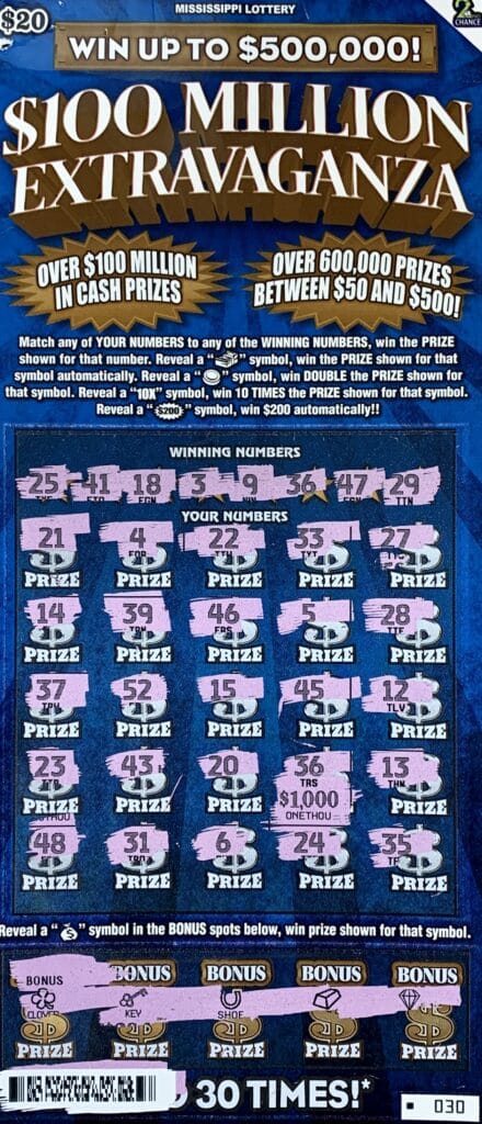 A Waynesboro man won $1,000 on a $20 $100 Million Extravaganza scratch-off game purchased from Murphy Oil #7781 on Azalea Dr., Waynesboro.