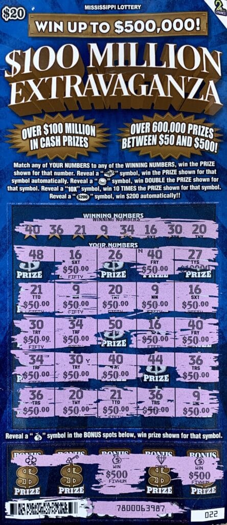 A Columbus woman won $2,000 on a $100 Million Extravaganza scratch-off ticket purchased from Sprint Mart #4144 located on Plymouth Bluff Access Rd., Columbus.
