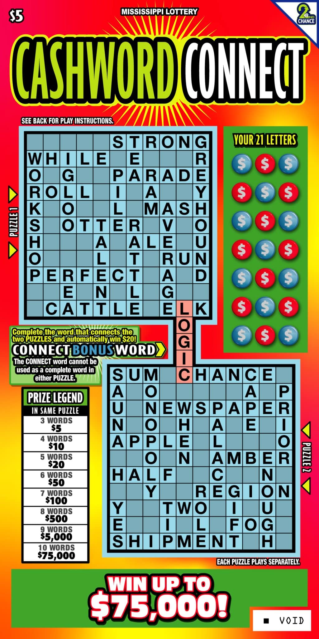 CASHWORD CONNECT scratch-off from Mississippi Lottery