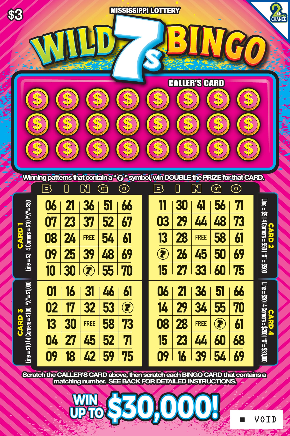 WILD 7S BINGO scratch-off from Mississippi Lottery